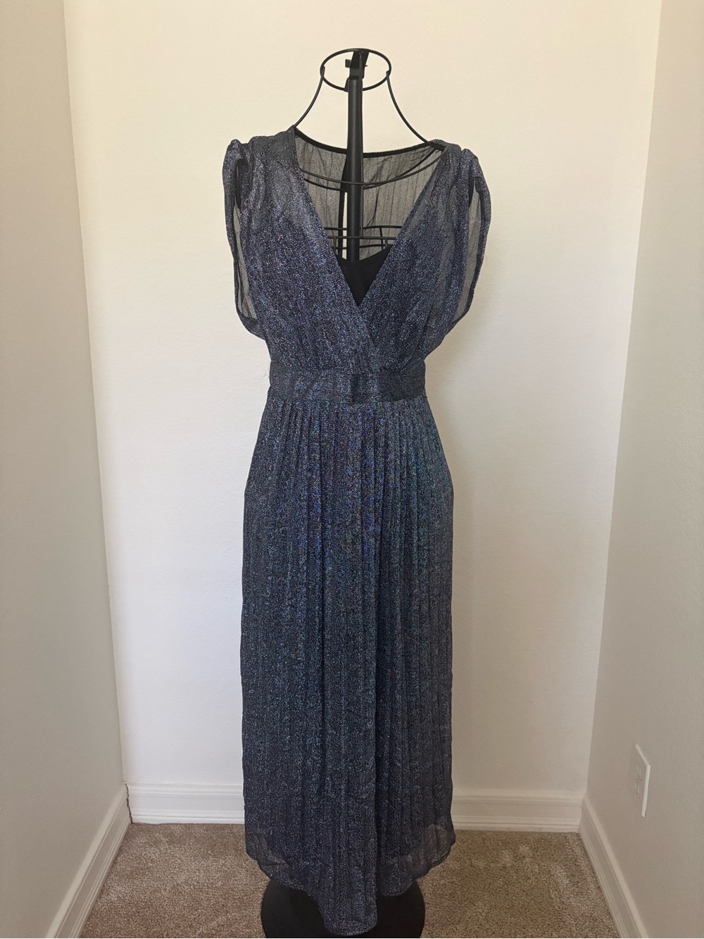 Moulinette Soeurs Navy Shimmer V-Neck Maxi Dress
